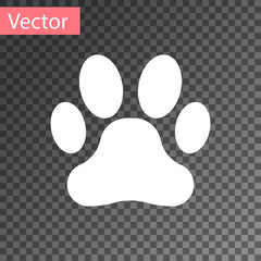 Wall Mural - White Paw print icon isolated on transparent background. Dog or cat paw print. Animal track. Vector Illustration