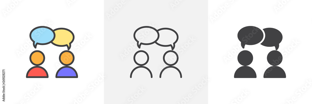 Discussion, dispute icon. Line, glyph and filled outline colorful version, Forum chat outline and filled vector sign. Symbol, logo illustration. Different style icons set. Vector graphics - obrazy, fototapety, plakaty 