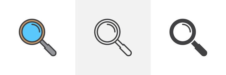 magnifying glass icon. line, glyph and filled outline colorful version, search, find magnifier outli