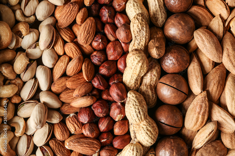 Different tasty nuts, closeup