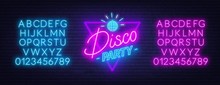 Neon Lettering Disco Party On Brick Wall Background. Glowing Fonts. Template For Invitation, Card Or Poster.
