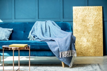 Interior view of the living room with comfortable couch and blue walls