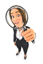 3d Business Woman Looking Into A Magnifying Glass