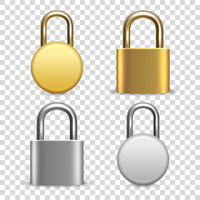 Vector 3d Realistic Closed Metal Golden And Silver Padlock Icon Set Closeup Isolated On Transparent Background. Design Template Of Gold, Steel Lock For Protection Privacy, Web And Mobile Apps, Logo