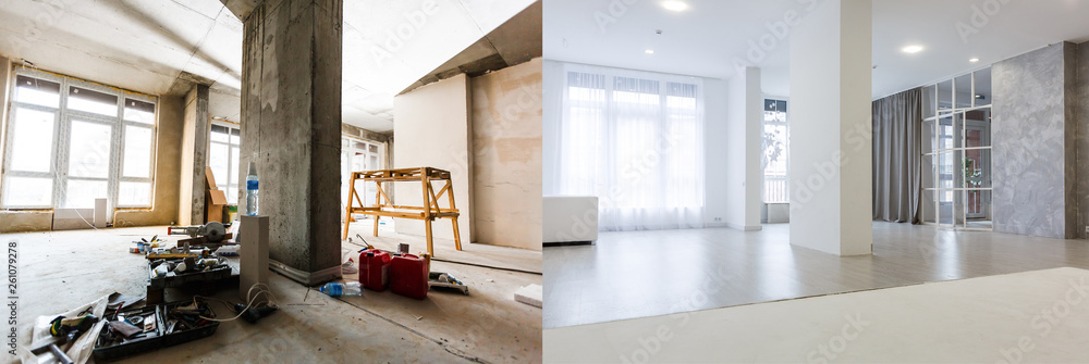 flat renovation, empty room before and after refurbishment old and new interior - obrazy, fototapety, plakaty 