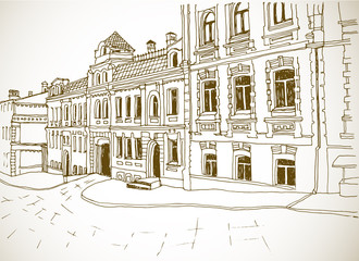 Wall Mural - Hand drawn urban landscape. Old European city street. Ink drawing sketch on white background