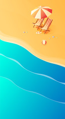 Wall Mural - Summer. Vacation and travel concept. Umbrella, beach chair and a ball on the beach. Flat style vector illustration