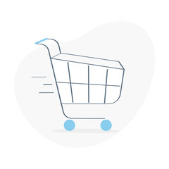 Shopping cart, shop trolley or basket in the supermarket. Online shopping, sales concept. Flat outline vector illustration on white.