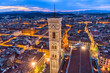 Giotto's Campanile - An aerial dusk view of Giotto's Campanile and the historical Old Town of Florence, as seen from the top of Brunelleschi's Dome of the Florence Cathedral. Florence, Tuscany, Italy.