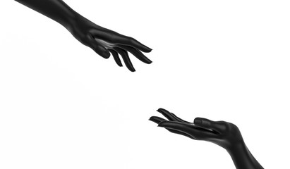 sculptures of two female black hands isolated on white background, help and rescue concept, mannequi