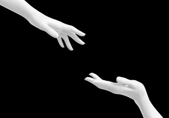 White female helping hands isolated on black mask background, rescue concept, mannequin arms, 3d rendering,