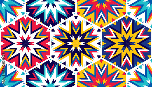 Abstract seamless pattern with hexagonal structure. Bright saturated colors f...
