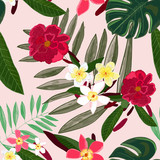 Fototapeta Sypialnia - Seamless pattern for textile design. Red tropical flowers. Frangipani. Palm, monstera leaves. Tropical vector seamless floral pattern background. Decorative beautiful illustration wallpaper