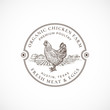 © createvil - Organic Chicken Farm Framed Retro Badge or Logo Template. Hand Drawn Hen and Farm Landscape Sketch with Retro Typography. Vintage Sketch Emblem.