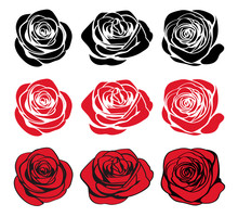 Roses Hand Drawn Set. Black Silhouettes Rose Flowers Inflorescence, Red Silhouettes And Red Rose Wiht Black Outlines Isolated On White Background. Flower Icon Collection. Vector Doodle Illustration