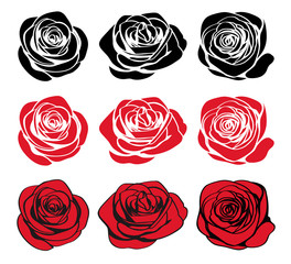 Wall Mural - Roses hand drawn set. Black silhouettes rose flowers inflorescence, red silhouettes and red rose wiht black outlines isolated on white background. Flower icon collection. Vector doodle illustration