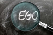 Learn, study and inspect ego - pictured as a magnifying glass enlarging word ego, symbolizes researching, exploring and analyzing meaning of ego, 3d illustration