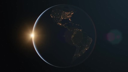 Wall Mural - 4K Slowly rotating realistic earth from space. Dark side with night lights. With Sun and lens flare. Seamless looping. High quality 3d animation. Elements of this image furnished by NASA.
