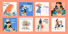 Happy Mothers Day. Vector Templates With Women And Children.