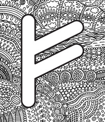 Sticker - ancient scandinavic rune fehu with doodle ornament background. coloring page for adults. psychedelic