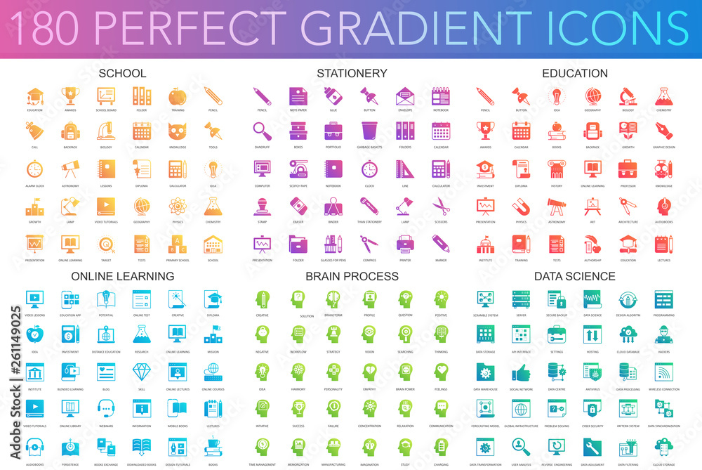 Visual Learning Style Icon Gradient Colours 180 trendy perfect gradient icons set of school, stationery, education ...