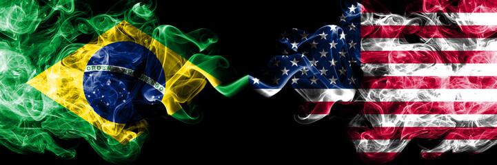 Wall Mural - Brazil vs United States of America, American smoke flags placed side by side. Thick colored silky smoke flags of Brazilian and United States of America, American