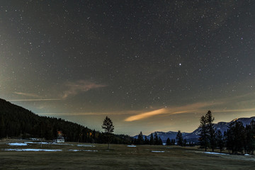 Wall Mural - Night landscape with stars on the sky at springtime.
