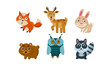Flat vector set of cute animals. Deer, red fox, bunny, bear, owl and raccoon. Cartoon characters of forest creatures
