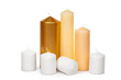 different sized candles on a white background