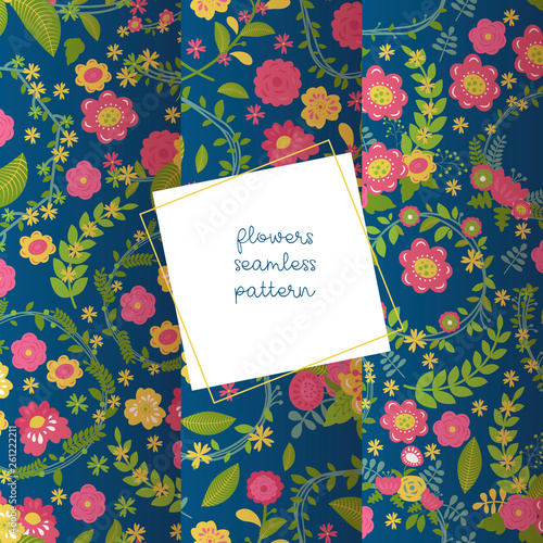 Wreaths leaves and flowers set of seamless patterns vector ilustration. Bloom...