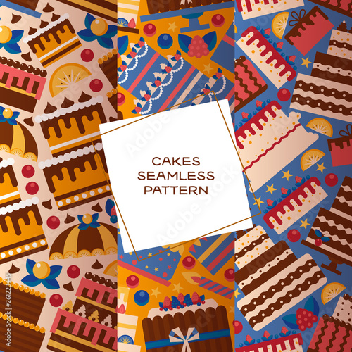Cake seamless pattern vector illustration. Chocolate and fruity desserts for ...