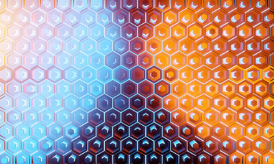 Glowing black blue and orange hexagons background pattern on silver metal surface 3D rendering