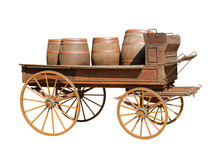 Old Cart With Wooden Barrels On A White Background.