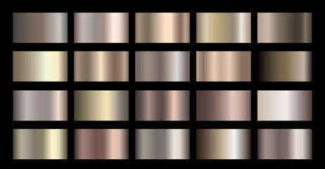 Wall Mural - Metallic, bronze, silver, gold, chrome, copper metal foil texture gradient Vector swatch set