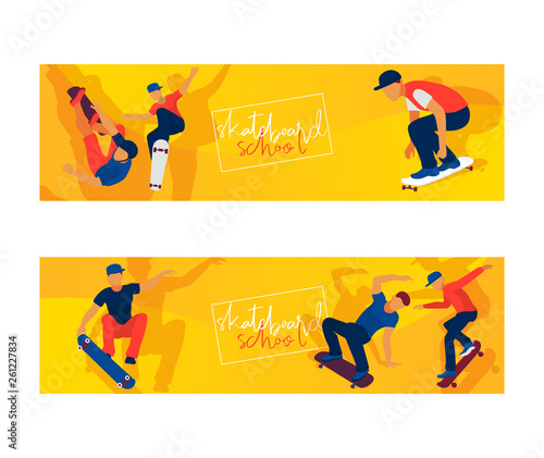Skateboard boys set of banners vector illustration. Young guys riding and doi...