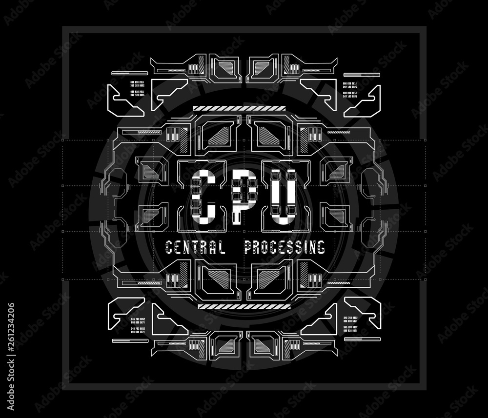 Cpu Lettering CPU. Central processing. Conceptual Layout with HUD elements for print ...