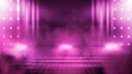 Wall Mural - Empty scene of a show with lanterns and concrete floor. Аbstract pink and purple background lights, rays