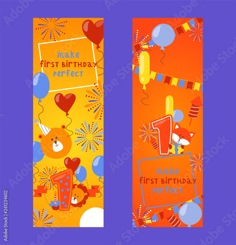 Happy birthday badges set of banners vector illustration. Balloons, salute, c...