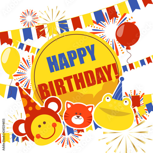 Happy birthday badges banner, poster vector illustration. Balloons, salute, c...