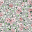 Seamless pattern with green leaves and red flowers. Floral design on a grey background. Watercolor illustration. The original pattern for fabric and Wallpapers.