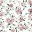 Seamless pattern with leaves and flowers. Floral design.  Watercolor. Original pattern for fabric and Wallpaper. Pink roses on white background.