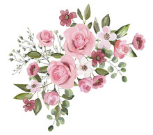 Watercolor Drawing Of A Branch With Leaves And Flowers. Botanical Illustration. Composition Of Pink Roses, Wildflowers And Garden Herbs Decorative Bouquet Isolated On White Background.