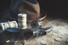 Guns And Money.Gangster Coat,bullet,dollars .The Concept Of Crime.Smoky Background.Retro And Vintage Style.