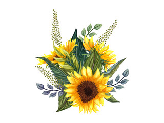 Wall Mural - Beautiful floral collection with sunflowers,leaves,branches,fern leaves