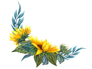 Wall Mural - Beautiful floral collection with sunflowers,leaves,branches,fern leaves