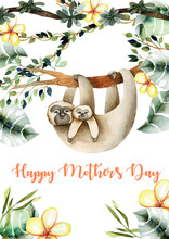 Card Template With Watercolor Mother Sloth And Baby, Mother's Day Card Design