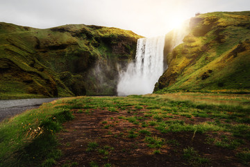 Wall Mural - Beautiful scenery of the majestic Skogafoss Waterfall in countryside of Iceland in summer. Skogafoss waterfall is the top famous natural landmark and tourist destination place of Iceland and Europe.