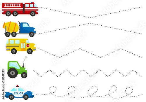 Cute cartoon police car, truck, fire engine, tractor, school bus. Trace