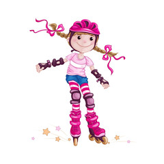 A girl in a pink helmet and protective accessories rollerblading. Children in the sport. Skate on roller skates. Cartoon vector character.