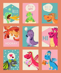 Wall Mural - Baby dragons set of birthday or invitation cards or banners vector illustration. Cartoon funny little dragons with wings. Fairy dinosaurs with book, baloon, flower. Nice to meet you, hooray.